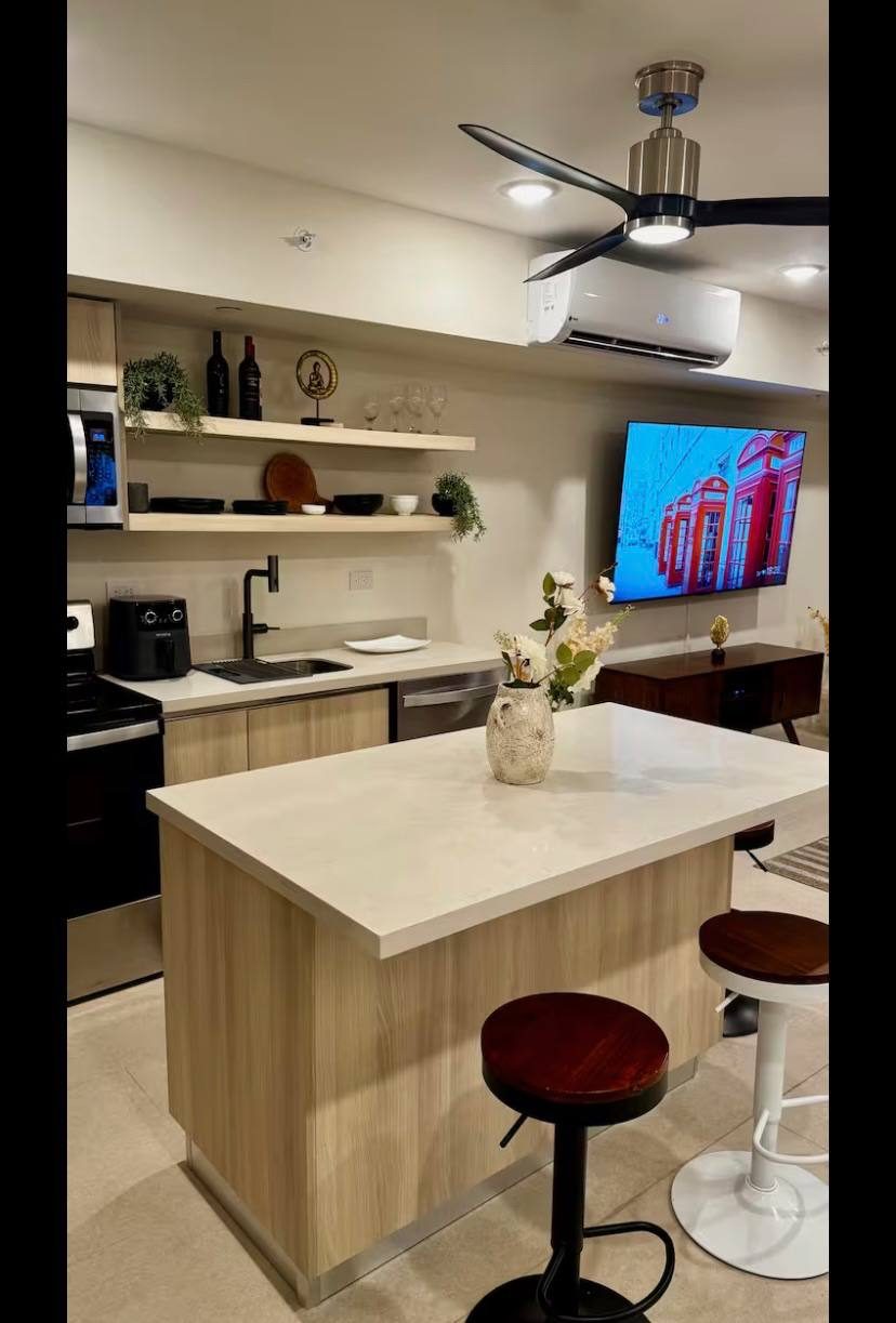 Open-plan living area with kitchen island