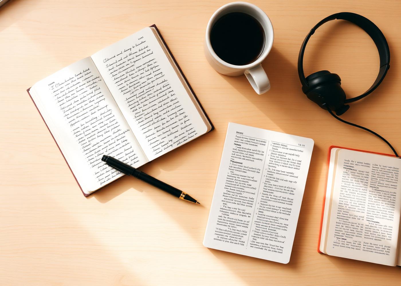 Notebook, pen and books on a warm desk