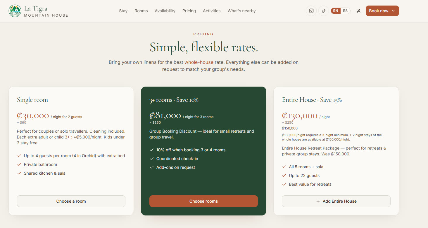 La Tigra pricing and booking blocks