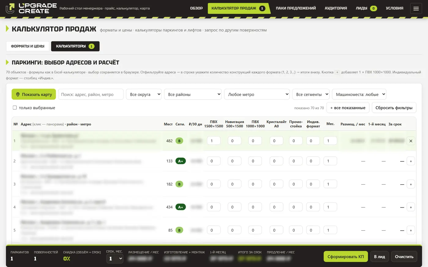 trnds.ru sales calculator: address filters, formats, totals bar